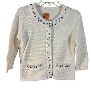 Ruby Rd Petite White Embellished Cardigan Ruffle Trim Pearl Crystal PM Sweater‎